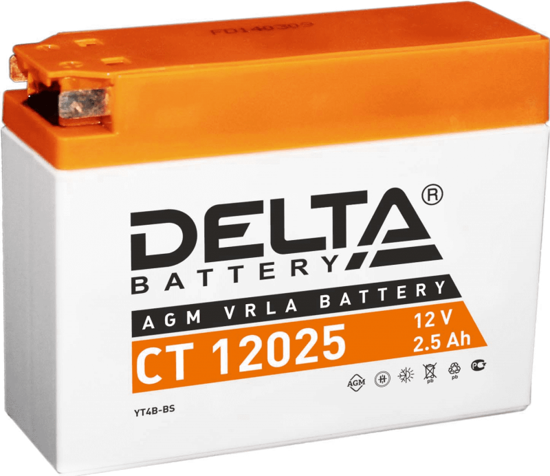 Аккумулятор Delta CT12025  размеры (мм): 113/38/87  YTX4B-BS, пуск.ток 40 2,5 Ah
