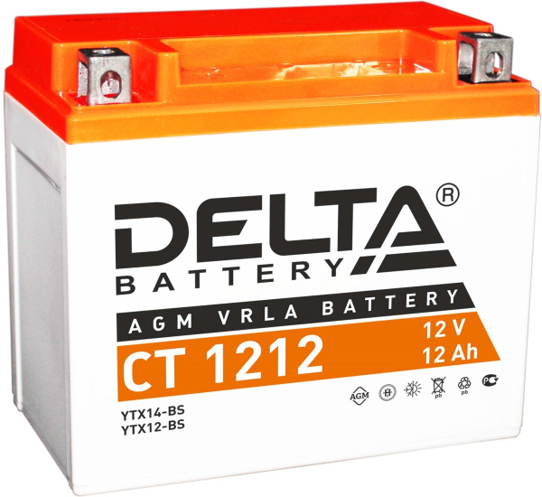 Аккумулятор Delta CT1212  размеры (мм): 150/86/131, YTX14-BS, YTX12-BS, пуск.ток 180  12 Ah